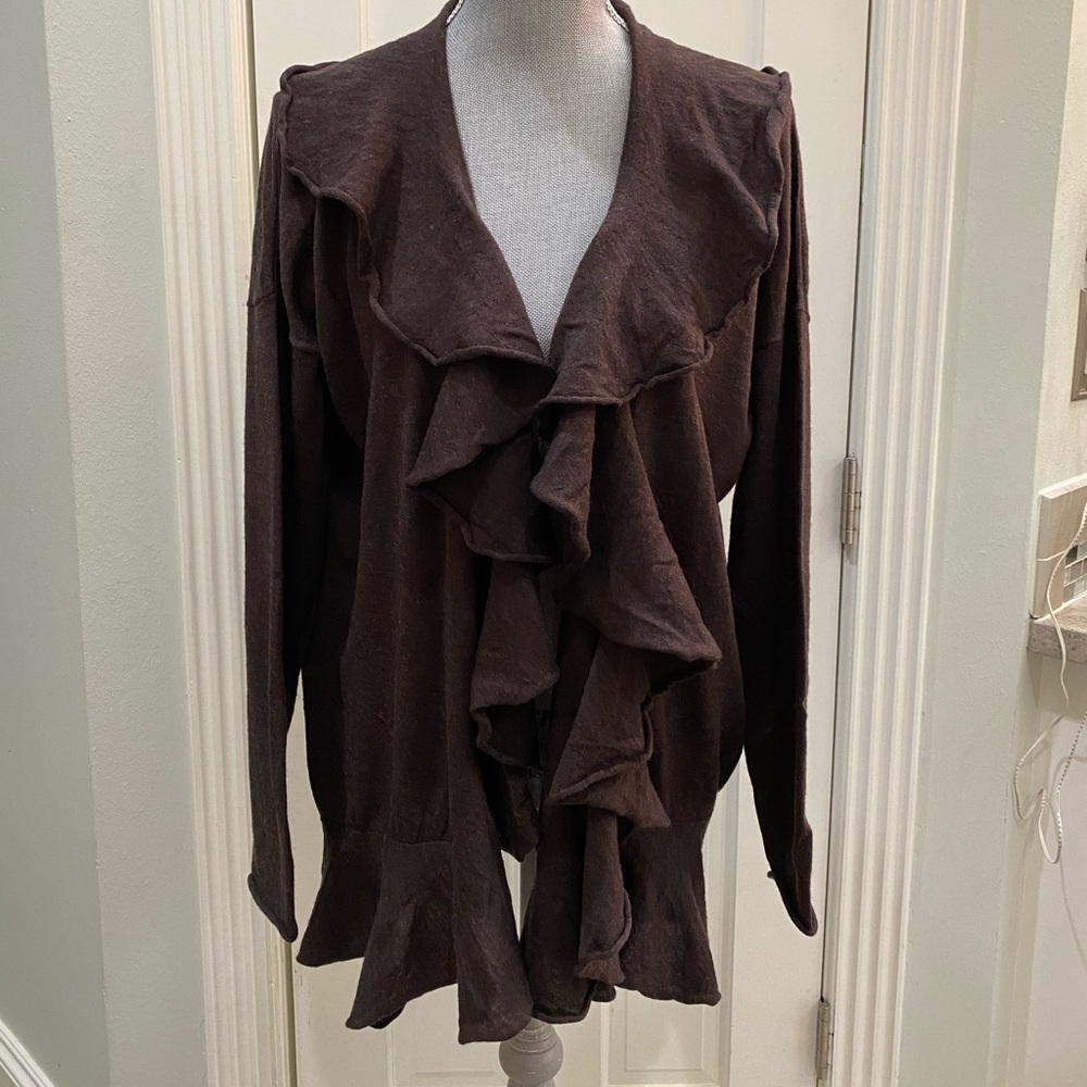 Brown Ruffled Collar Long Sleeve Cardigan Sweater